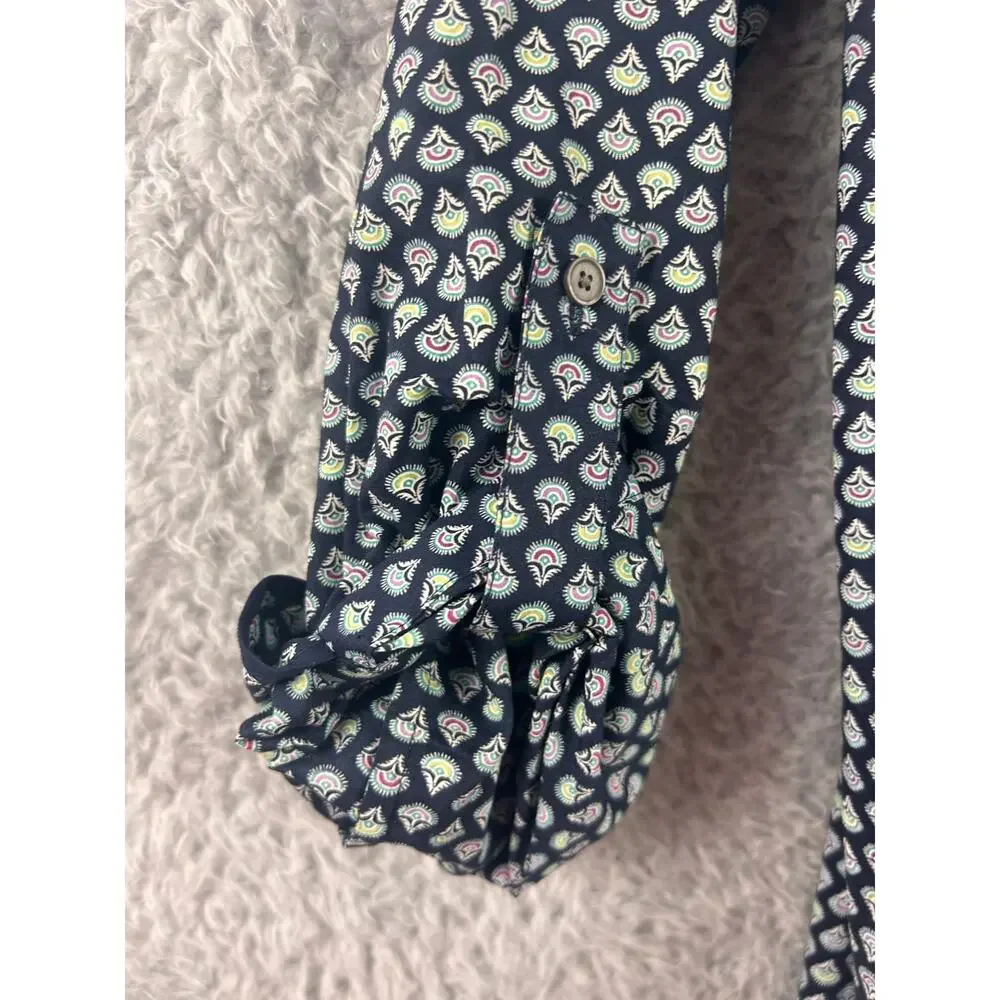 Talbots Navy Printed Button Front Cotton Shirt Women’s XS Roll Tab Sleeves‎